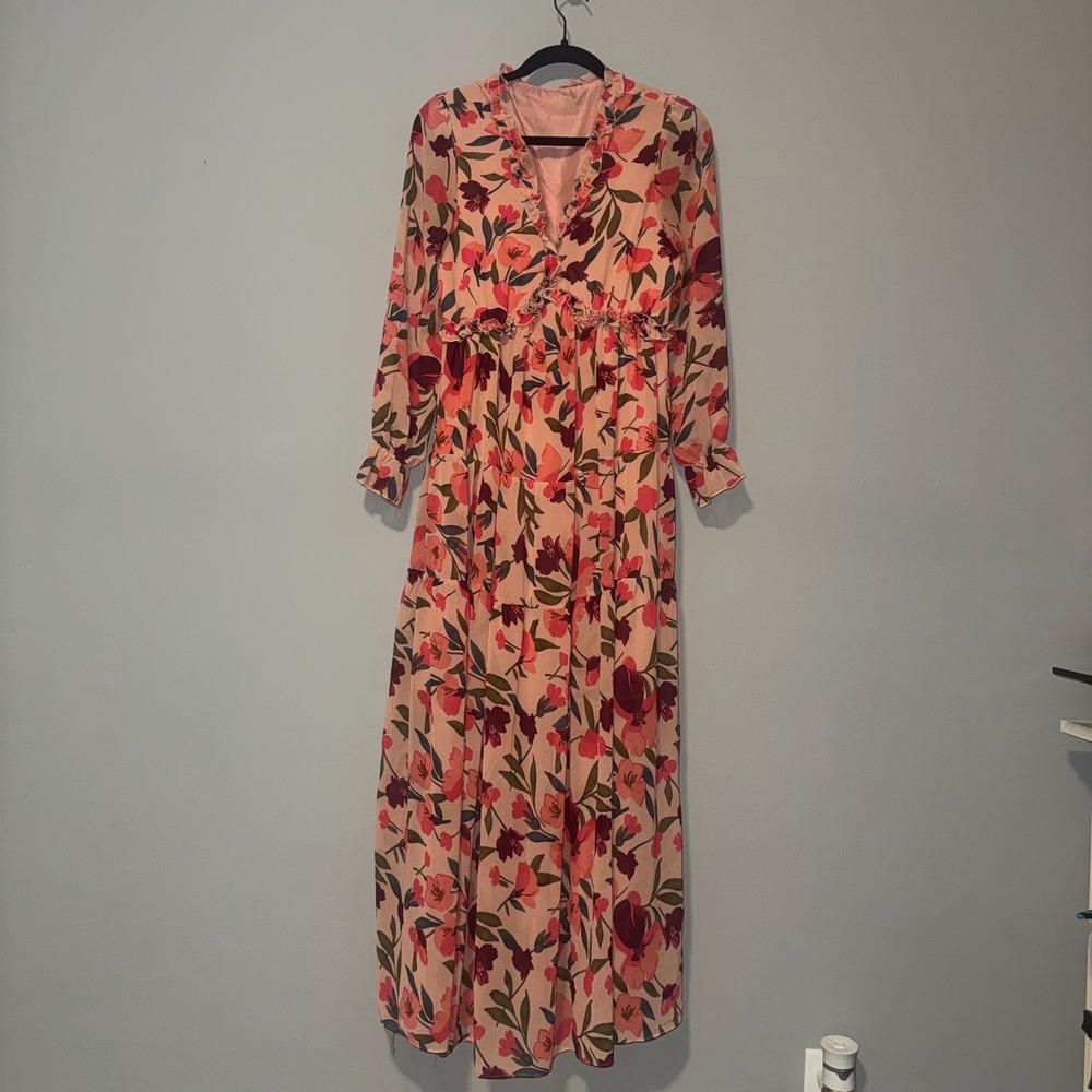 Floral Ruffle Tiered Maxi Dress Chiffon Boho‎ V-Neck Long Sleeve Lined